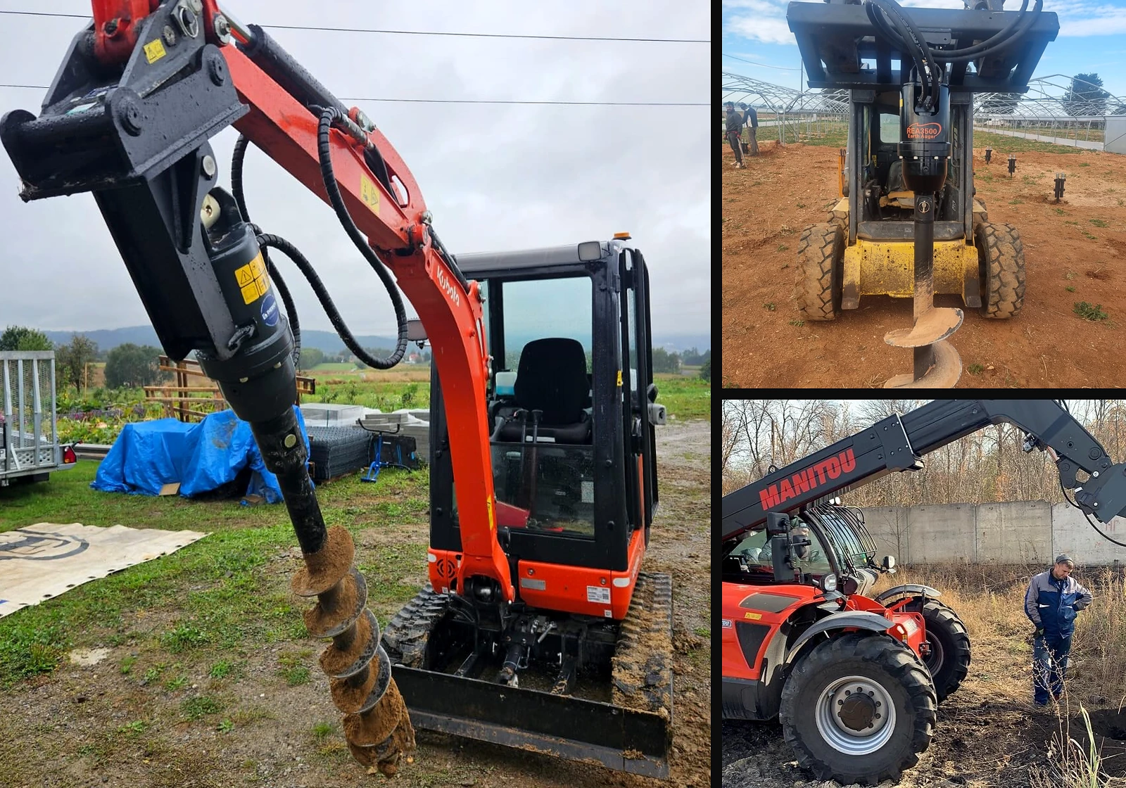 RAY earth augers operating with excavator, skid steer loader and telehandler